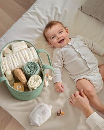 Blissful Diary Diaper Caddy Organizer, Woven Cotton Rope, Green - Image 4