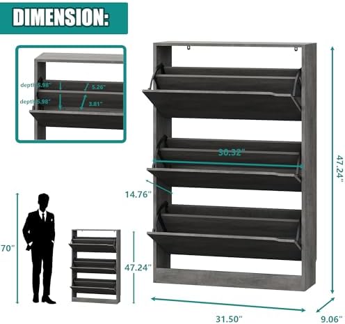 Xixini Shoe Storage Cabinet for Entryway with 3 Flip Drawers, Sturdy Wood Hidden Shoe Storage, Freestanding Narrow Slim Shoe Organizer for Front Door Entrance, Living Room, Hallway, Bedroom, Grey - Image 2