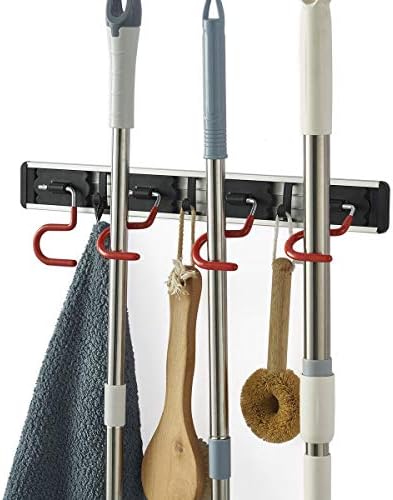Wall Mounted Mop and Broom Holder Stainless Steel S Type Broom Rack Anti-Slip Mop Organizer (17 Inches,4 Positions 3 Hooks, Red black) by MOYODOR