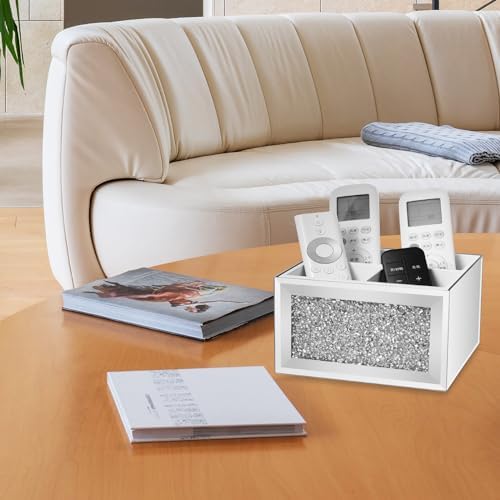 360 Rotating TV Remote Control Holder Caddy Storage for Table, Silver Bling Crushed Diamond Organizer for Pens and Pencils, Make Up Brushes - Image 3