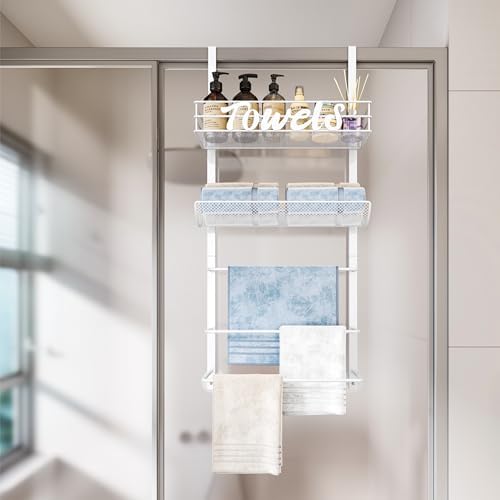 SWTYMIKI Over the Door Towel Racks for Bathroom - 5-Tier Wall Mounted Bathroom Towel Storage Organizer Holder with Metal Shelf, White - Image 4