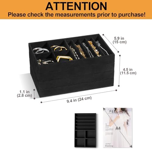 ProCase Stackable Jewelry Organizer Trays for Drawers, Jewelry Drawer Inserts Container Display Case Storage for Earring Necklace Rings Bracelet with Removable Dividers -Allblack, 4 Layers - Image 2