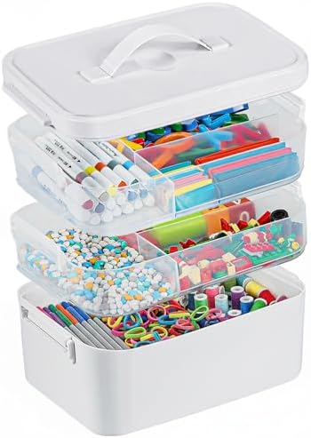 3-Layer Plastic Craft Organizers and Storage Box with Removable Trays, Storage Containers with lids and Handle, Art Supply Storage Organizer for Bead, Ornament, Nail Polish, Tape（10.62"x9"x7.67"） by Gifhomfix