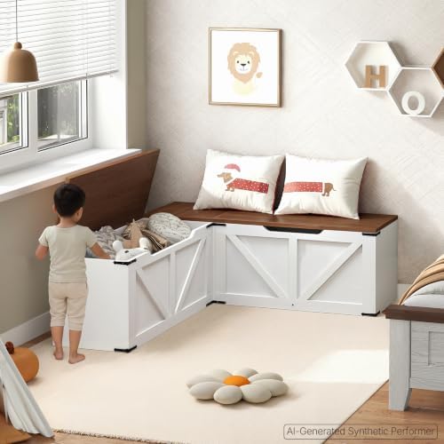 YATINEY L-Shaped Storage Bench, Storage Toy Chest with Hidden Compartments, Breakfast Nook Bench for Corner Spaces, Kitchen, Dining Room, Cloakroom, Walnut and White CW01WH - Image 2