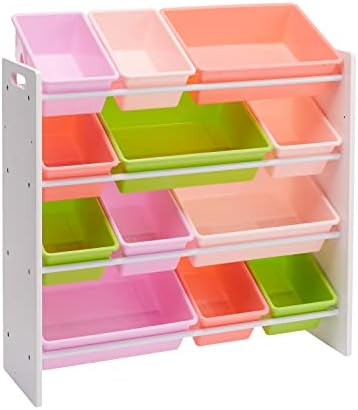 Amazon Basics Kids Toy Storage Organizer with 12 Plastic Bins, White Wood with Pink Bins, for Bedroom and Playroom, 33.85"D x 12.79"W x 35.42"H by AmazonBasics