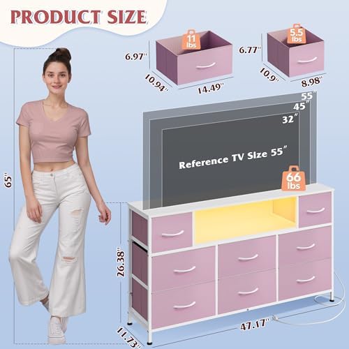WLIVE LED Dresser TV Stand for 55 Inch TV, 8 Fabric Drawers, Pink Dresser - Image 2