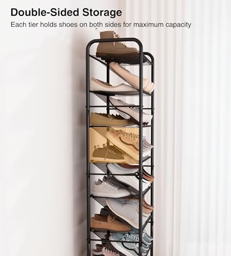 STO STO 8-Tier Narrow Shoe Rack with Lockable Wheels, Double-Sided Vinyl Mesh Shelf Shoe Organizer for Up to 30 Pairs, Slim Space Saving Metal Rolling Shoe Storage for Entryway, Closet, Hallway - Image 3