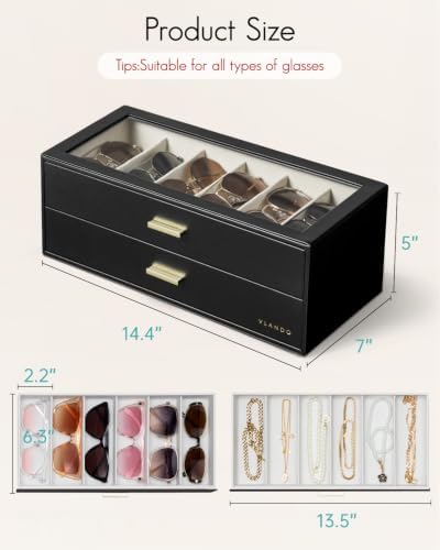 VLANDO 12-Slot Sunglasses Organizer Case with Clear Lid & 2 Drawers,Black - Image 4