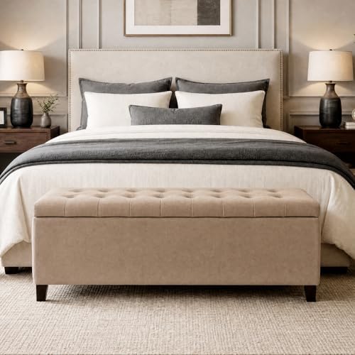 Madison Park 49" Upholstered Storage Bench, Button Tufted End of Bed Bench with Storage, Dual Spring Soft-Close Lid, Bedroom Bench for Queen King Bed, Entryway Living Room, Sand - Image 4