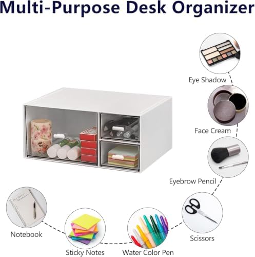 Desk Organizer Stackable Storage Drawers with 3 Compartments Stackable Drawers Great for Desk Storage, Makeup Storage Bathroom Organization Accessories Etc (White) - Image 5