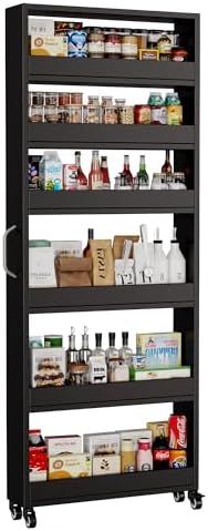 Slim Storage Cart, Lightweight 6 Tier Metal Rolling Utility Kitchen Cart on Wheels, Mobile Storage Shelving Unit Organizer for Bathroom Laundry Office Narrow Places (Black, 6" D) by Qiaoxuan