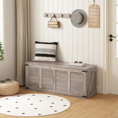 HOOBRO 47.2”Storage Bench Large, Toy Box with 2 Safety Hinges, Farmhouse Wooden Storage Chest, Easy Assembly for Bedroom, Living Room, Entryway, Greige BG520CW01G1 - Image 5