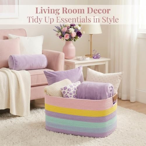 danpinera Large Laundry Basket, 108L Rectangle Woven Baskets for Storage for Living Room, Laundry, Nursery, Pillows, Baby Toy chest, Blanket Storage with Leather Handle, 25’’*16’’*16’’ Rainbow - Image 3