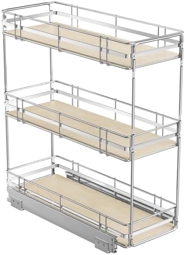 ROOMTEC 3-Tier Pull Out Cabinet Organizer Spice Rack for Narrow Cabinet 9" W x 20½" D, Slide Out Wood Shelves Storage for Kitchen by ROOMTEC