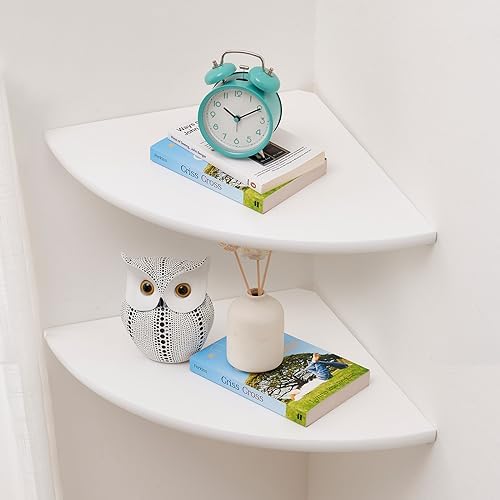 Corner Shelves, White Floating Corner Shelf, Set of 2 12inch Solid Oak Wood Wall Shelves, Round End Wall Mount with Wire Hole for Small Plant for Bedroom Kitchen, Living Room by Coamily