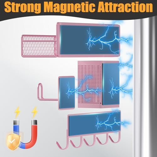 Magnetic Spice Rack for Refrigerator, 10 Pack Metal Magnetic Shelf, Moveable Spice Organizer with Hook Rack, Paper Towel Holder, Kitchenware Holder, Strong Magnetic Storage Fridge Organizer Pink - Image 3