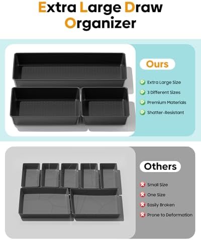 10 Pack Large Size Plastic Drawer Organizers Set, 3 Sizes Desk Drawer Organizer Trays, Storage Bins for Vanity, Makeup, Bathroom, Kitchen Utensils and Office (Black) - Image 3