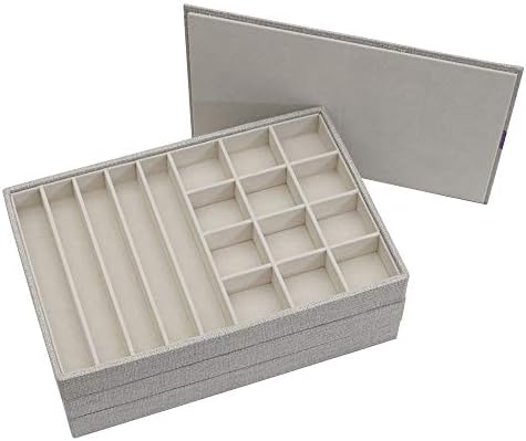 Household Essentials Grey Stacking Jewelry Organizer Box Tray Set with Removable Lid Fabric (744-1) - Image 3