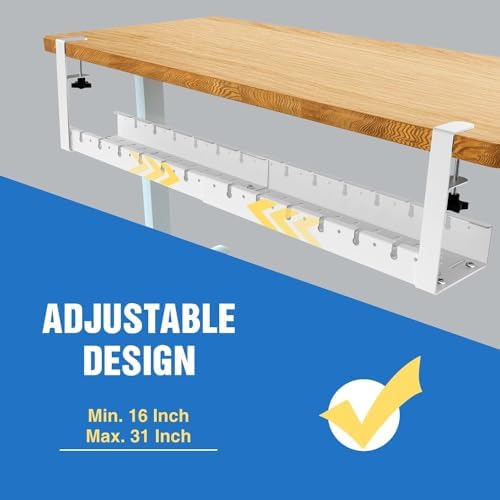 No Drilling Under Desk Cable Management, Metal Cable Management Tray Under Desk with Clamp, Retractable Power Strip Cord Holder for Wire Management 31Inch (2 Pack White) - Image 5
