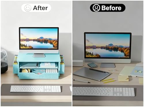 gianotter Desk Organizers and Accessories, Monitor Stand with Drawer and 2 Pen Holder, Desktop Organizer Suitable for Offices and Dormitories (Blue-Plain) - Image 6