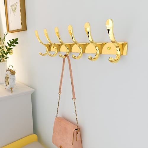 SKOLOO Heavy Duty Wall Mounted Coat Rack - 6 Hooks, Stainless Steel, Sturdy Coat Hooks for Hanging Coats, Jacket, Clothes, Hat, Bright Gold - Image 2