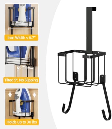 TJ.MOREE Ironing Board Door Hanger with Basket, Laundry Storage, Black - Image 6