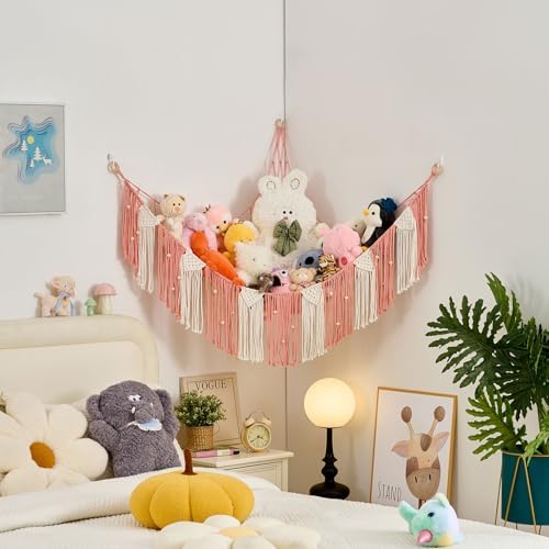 Pretty Jolly Stuffed Animal Hammock with Weaving Tassels and Beads Leather Pink - Image 4