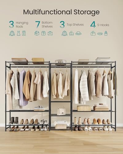 SONGMICS Portable Closet Wardrobe, 10 Shelves, 3 Hanging Rods, Metal Frame - Image 3