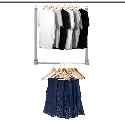 Hanging Closet Rod, 17-28In Width and Up to 32In Height Closet Extender, Double Hanging Bar with Powder-Coated Metal Pole and Adjustable Webbing, Space-Saving Tension Organizer, 1 Pack by Unknown