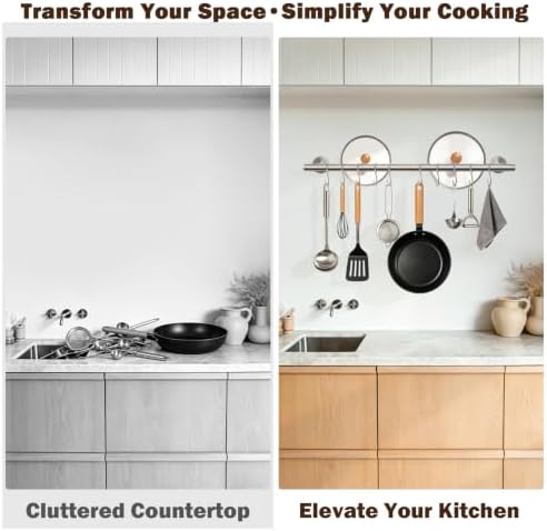 26 Inch Kitchen Utensil Rack, SUS304 Stainless Steel Pot and Pan Hanging Rail with 10 Sliding Hooks, Heavy Duty Wall Mounted Hanger and Organizer for Cookware, Mugs, Lids (Brushed Nickel) - Image 4
