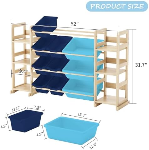 EXPERLAM Extra Large Toy Storage - Toy Storage Organizer, Wooden Toy Organizer with 6 Side Shelves and 12 Bins, 3-in-1 Bookshelf for Kids Rooms, Playroom, Nursery, Blue - Image 2