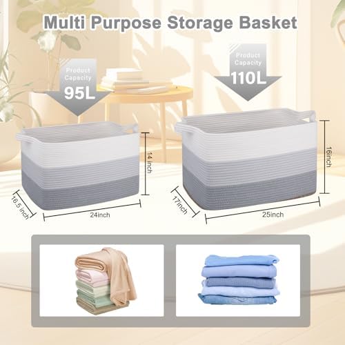 OIAHOMY Extra Large Blanket Basket, 110L Cotton Rope Woven Laundry Basket, Toy Bin for Baby Room, Container for Blanket Storage in Living Room, 24.8''×17.3''×15.8'', Gradient Grey - Image 3
