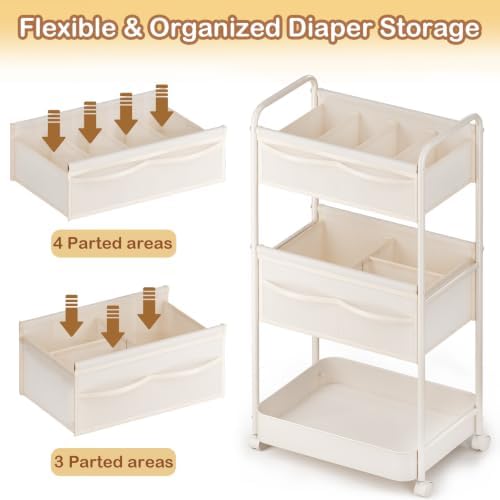 Baby Diaper Caddy, Premium Metal& Felt Movable Cart with Dividers for Newborn Nursery Essentials, Large Capacity Rolling Diaper Storage Caddy Organizer for Changing Table &Crib, Easy Assembly - Image 3