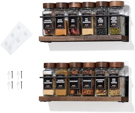 2-Tier Wall Mount Spice Rack Organizer - Screw/Adhesive Mount, Black Metal & Wood Spice Storage for Kitchen Pantry Cabinet, 11.6”L x 2.4”W x 3.2”H,Spice Jars Not Included by KitHero