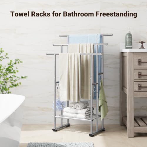 ELYKEN 3 Tier Freestanding Towel Rack with Shelf, 40" H Towel Stand, Silver - Image 2