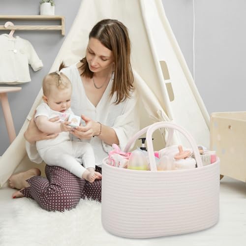 COMSE Large Cotton Rope Baby Diaper Caddy Organizer with Handles, White - Image 3