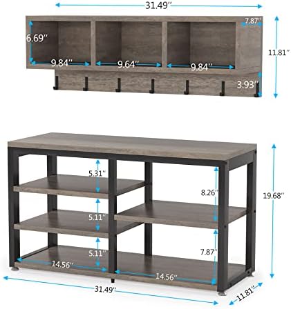Tribesigns Coat Rack Shoe Bench Set Industrial, Hall Tree with 3 Storage Cubbies, 7 Hooks for Entryway, Hallway, 5-in-1Design, Vintage Grey - Image 6