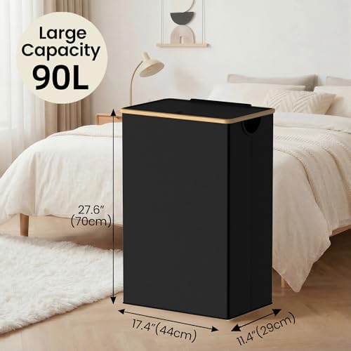 efluky Slim Laundry Hamper with Lid and Removable Bag, 90L Black - Image 3