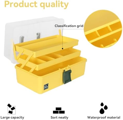 WEWLINE 13-Inch Art Box Sewing Storage Organizer 3-Layers Craft Storage Organizer with Handle Plastic Storage Boxes Organizers for Kids Student Artist,Yellow - Image 6