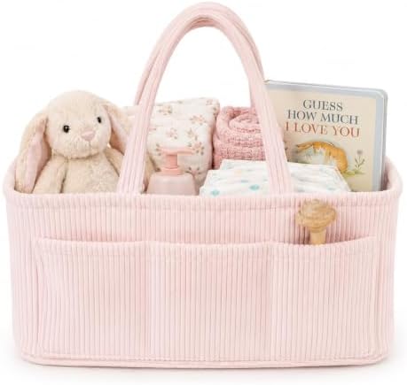 Diaper Caddy Organizer, Premium Baby Pink Corduroy Nursery Storage Basket with Removable Dividers & Handles, Portable Organizer for Diapers, Essentials, Baby Registry & Shower Gift by ItsyBitsyTot