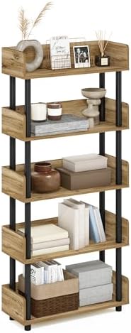 Furinno TURN-N-TUBE 5-Tier Display Shelf, Storage Shelves, Book Shelf, Open Shelves with Rounded Corner Top Edges, for Organization and Storage, Living Room, Home Office, Flagstaff Oak by Furinno-FitsYourSpaceFitsYourBudget