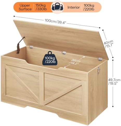 HOOBRO Storage Bench, 39.4” Retro Wooden Storage Chest with U-Shaped Cut-Out Pull, Safety Hinge, Supports 330 lb and Easy Assembly for Toy Box Organizer (Natural) NL771CW01G1 - Image 3