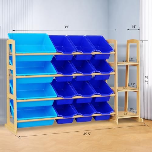 Kids Toy Storage Organizer with Bookshelf – Wooden Shelf with 16 Bins & 3 Shelves, Quick Assembly Storage Rack for Playroom, Bedroom, Nursery - Blue - Image 2