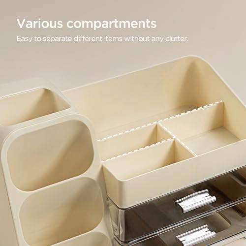 HBlife Desk Organizer with Pen Pencil Holder for Desk, Pen Organizer with 2 Drawers, Desk Organizers and Accessories with 4 Compartments, Desktop Storage for Office Home School Art Supplies, Beige - Image 4