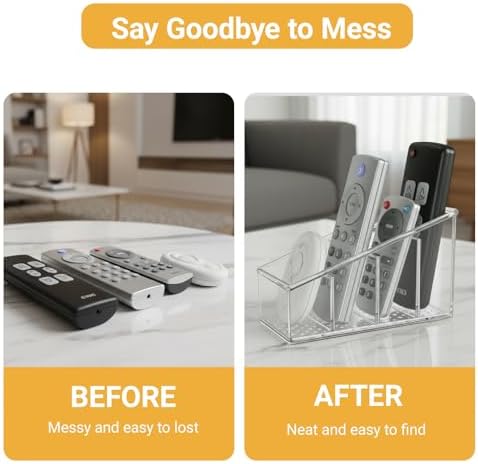 Clear TV Remote Control Holder, PET Remote Caddy with 4 Compartments, Mini Desktop Organizer for Remotes, Pens, Office Desk and Bedside - Image 4
