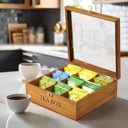Wooden Tea Box,Farmhouse Tea Storage Organizer,9-Slot,Clear Lid - Image 2