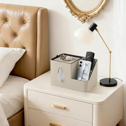 PU Leather Square Tissue Box Cover with Magnetic Closure, Tissue Holder with Storage Tray & Remote Control Organizer, for Nightstand, Living Room, Bathroom, Office Desk (Beige) - Image 2