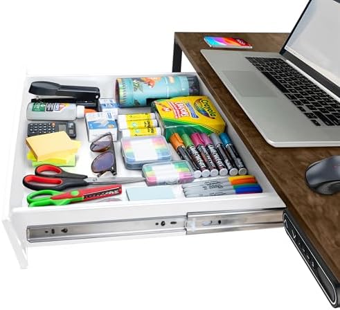 Large 23.6 Inch White Under Desk Drawer Slide Out, Great For The Office, Home And Workspace. Pencil & Undermount Pull Out Under Counter Workbench Attachable Drawer, Made Of Carbon Steel by Difinati