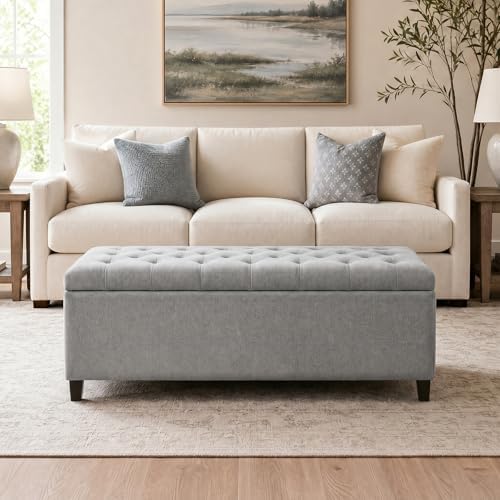 Madison Park 49" Upholstered Storage Bench, Button Tufted End of Bed Bench with Storage, Dual Spring Soft-Close Lid, Bedroom Bench for Queen King Bed, Entryway Living Room, Grey - Image 2