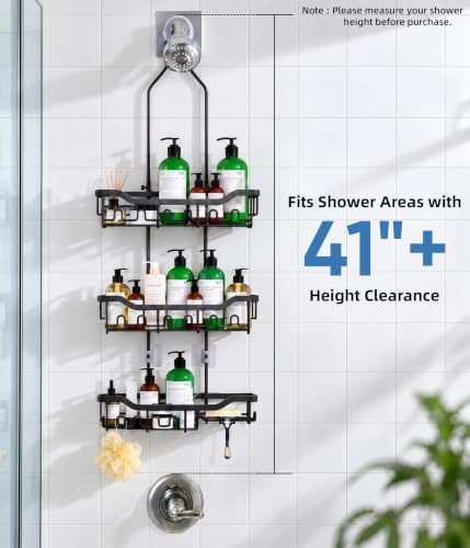 Adjustable Shower Caddy Hanging, Extended Length Organizer Over Shower Head, 3 Tier Long Neck Shower Rack with Soap Holder for Large Storage, Black - Image 5
